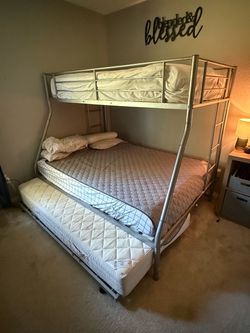 Twin Over Full Metal Bunk Bed w/ Trundle + Mattresses