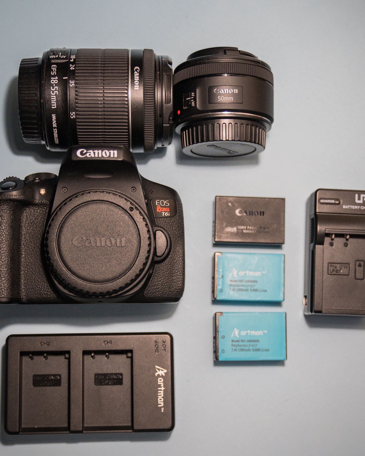 Canon T6i w/ Kit lens, 50mm 1.8, 3 Batteries + Chargers