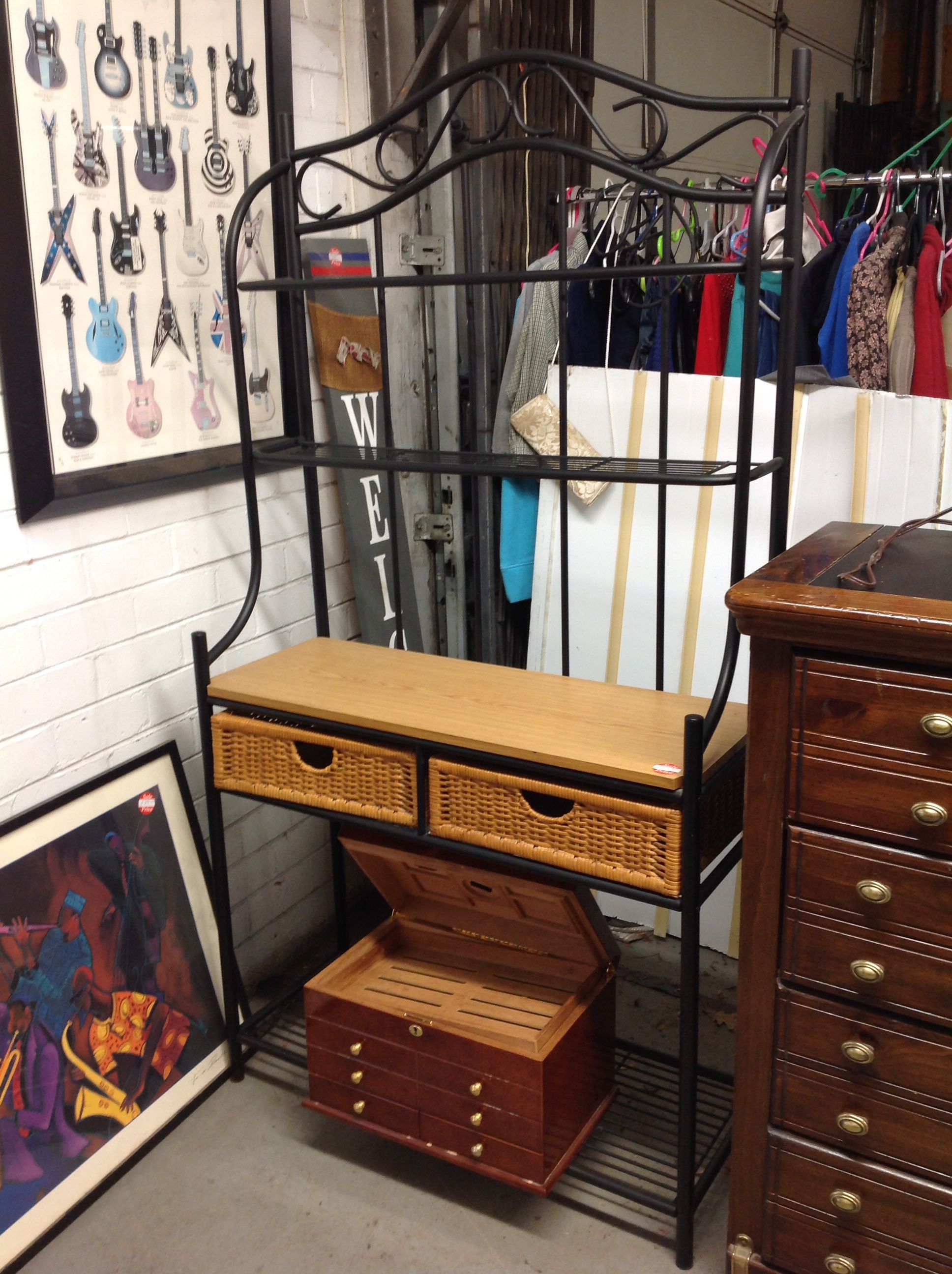 Wicker and Metal Bakers Rack For Sale