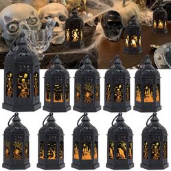 SHYMERY Halloween Lantern,Mini Lantern Decorative Lights with Flickering Candles,Vintage Glass Hanging LED Small Candle Lanterns Gifts for Indoor,Outd
