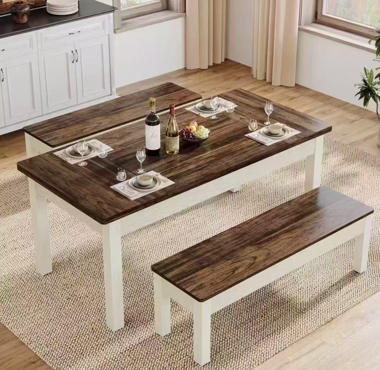 F1991X new in box 55" Dining Table Set, 3 Pieces Wood Kitchen Table with 2 Benches