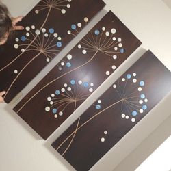 Decoration Wall art three piece panels with shell inlays (keywords: painting frame picture brown blue white flower dandelion)