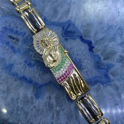 $3725 Yellow Gold W Zirconia Saint Jude San Judas Bar Link Bracelet 