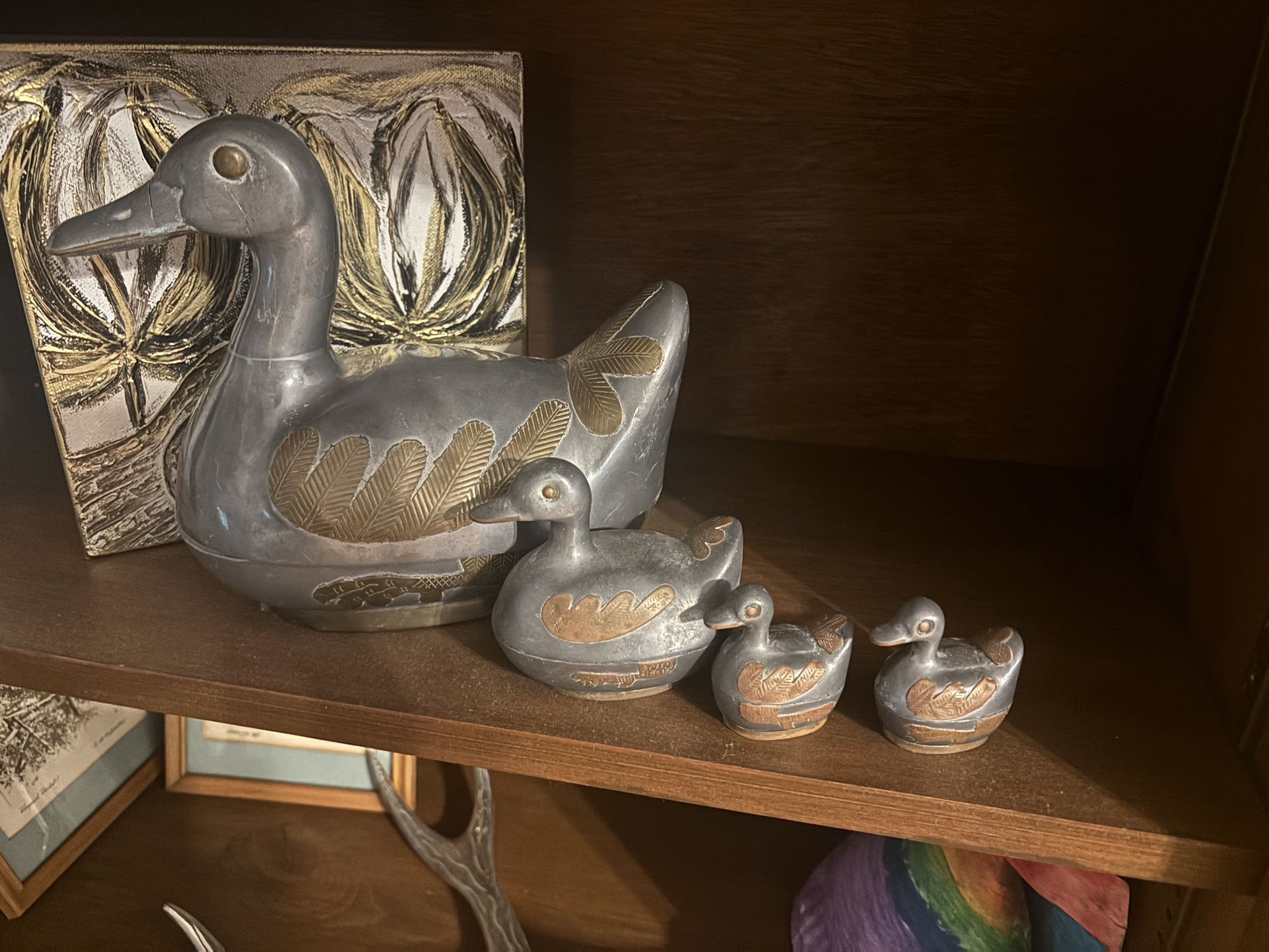 Vintage Pewter And Brass Ducks With Storage, Set Of 4. 1 Large, 1 Small And 2 Extra Small