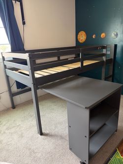Twin loft + mattress, attached desk and shelf
