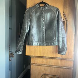 Anne Klein Brown Leather Jacket with Orange Stitching