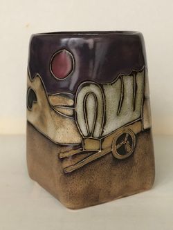Mara Square Bottom Stoneware Mexico Hand Etched Mug  Western  Chuck Wagon Moonlight  Hand Signed