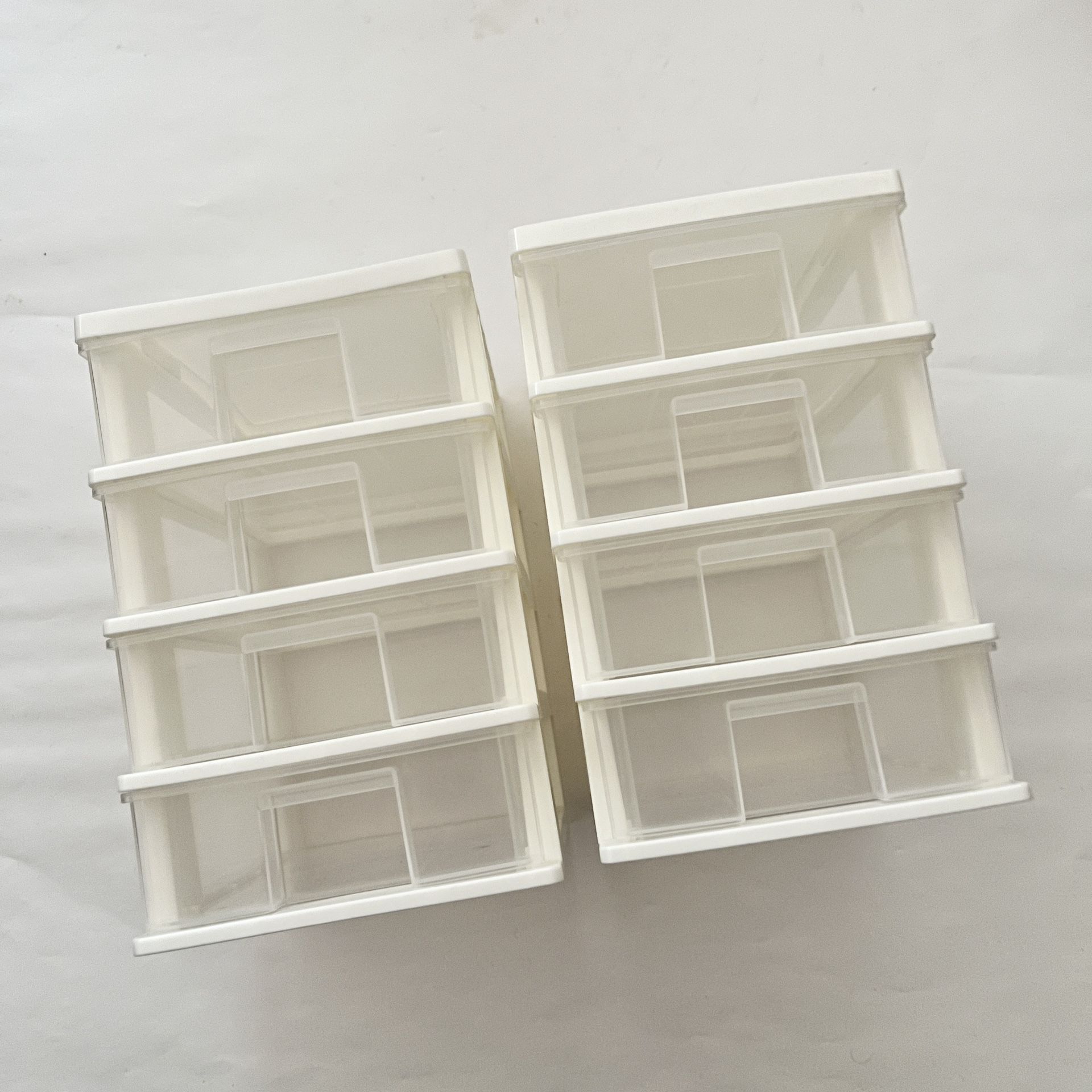 Two 4-Drawer Off-White & Clear Desktop Organization ~6.75”L x ~5”W x ~8”H