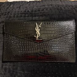 Yves Saint Laurent Black Leather Crocodile Pattern Clutch