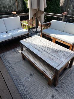 FREE OUTDOOR loveseat and sectional teak and white cushions