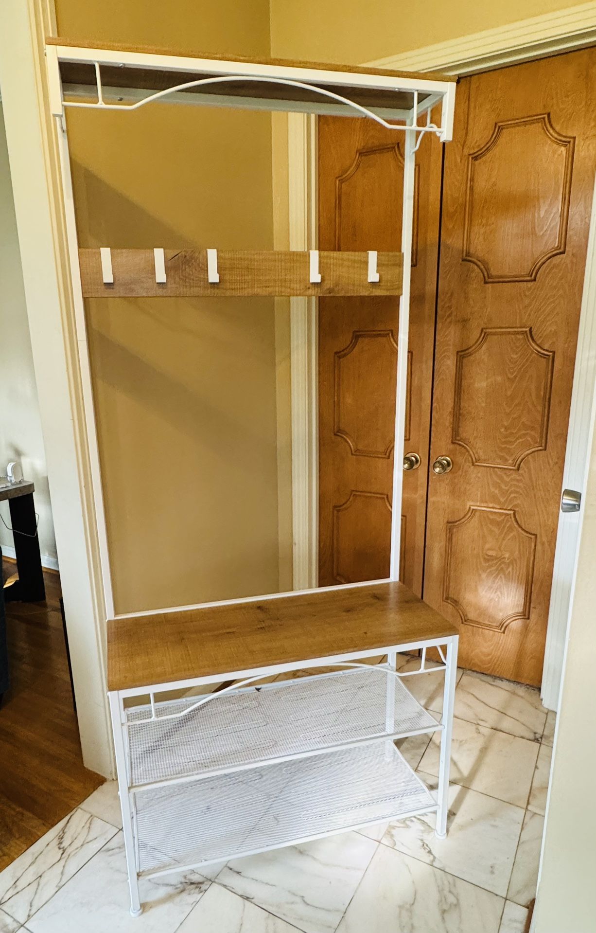 White Coat Rack Bench with Shoe Storage and Top Shelf