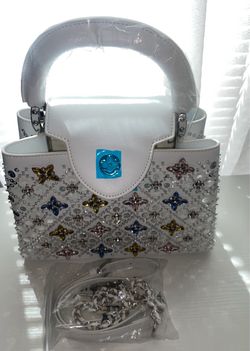 White Leather crystals Satchel Purse Top Handle Bag, Detachable Strap