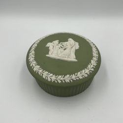 Wedgwood Cream On Celadon Jasperware "Cupid Asleep" Round Fluted Box With Lid