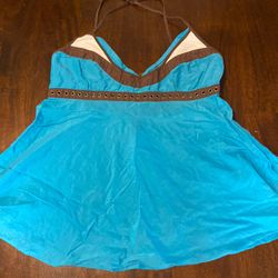 2000s Blue And Brown Flowy Baby Doll Type Top