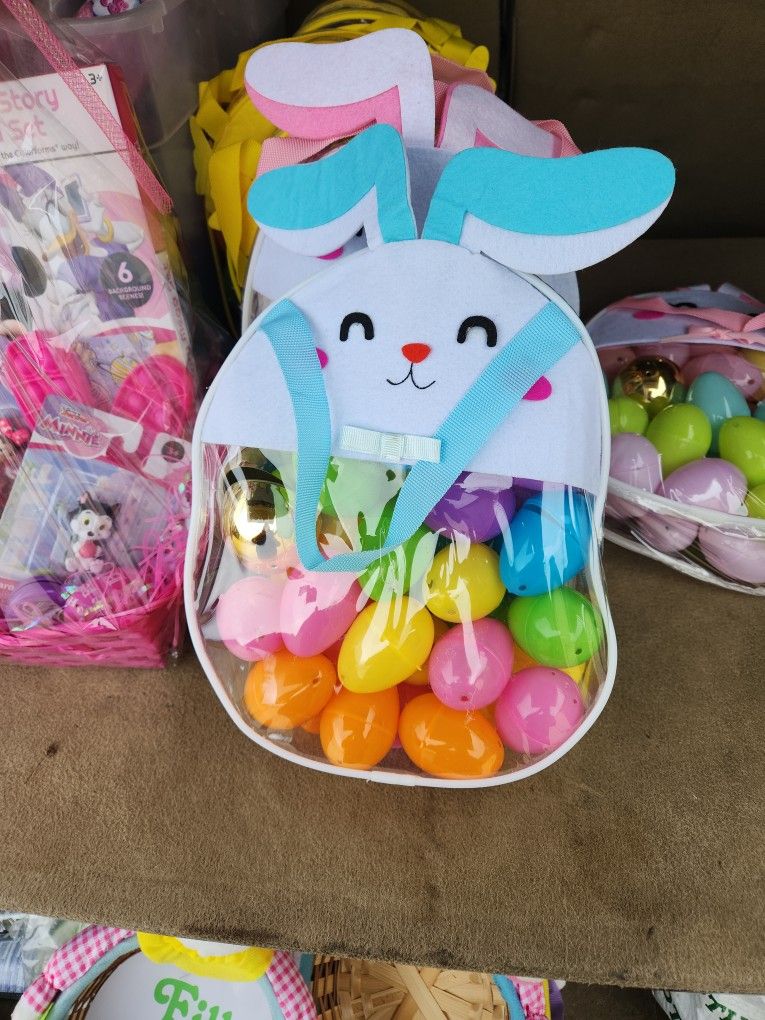 Blue White Bunny Easter Clear Bag With Eggs