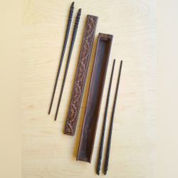 (4) Vintage Hand Carved Chopsticks with Box