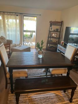Wooden Dining Table with Two Linen Chairs World Market
