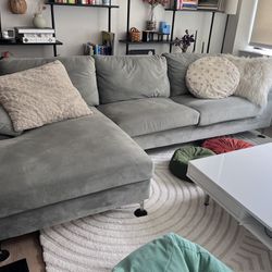 Light Grey Blue Velvet Suede L Shaped Sectional Couch 