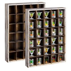 (2001) 2 Pcs Retro Wooden Shot Glass Holder Display Case with Removable Shelves - Wall Mounted Shadow Box, 30 Slots