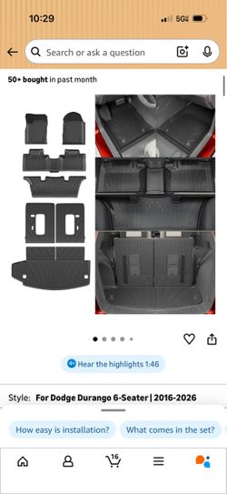 Dodge Durango 6 Seats 2016-2026, Floors Mats for all car.