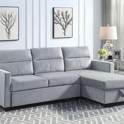 Brand New Velvet Reversible Sleeper Sectional Sofa With Storage Chase And Side Pocket 