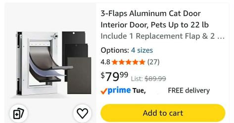New 3-Flaps Aluminum Cat Door Interior Door, Pets Up to 22 lb
Include 1 Replacement Flap & 2 Closing Panels, Insulation Flap, Aluminum Safety Locks, R
