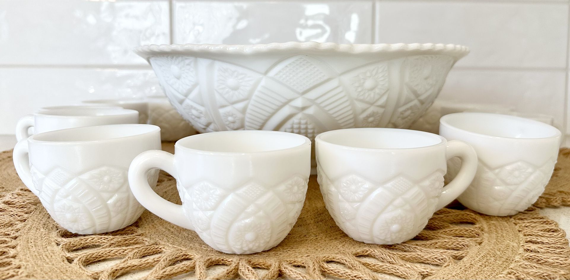 Vintage McKee Concord Early American Pressed Milk Glass Punch Bowl W/Punch Cups Lot(12)  