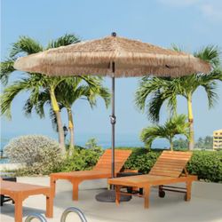 E37 $50  10-Feet Iron Tan Market Patio Umbrella  High-Quality Construction: Crafted with a robust steel pole and premium thatch canopy, is designed to