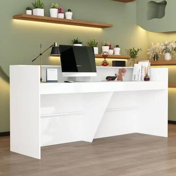 86.6 in. W White Wood Computer Desk, Reception Desk White Writing Desk