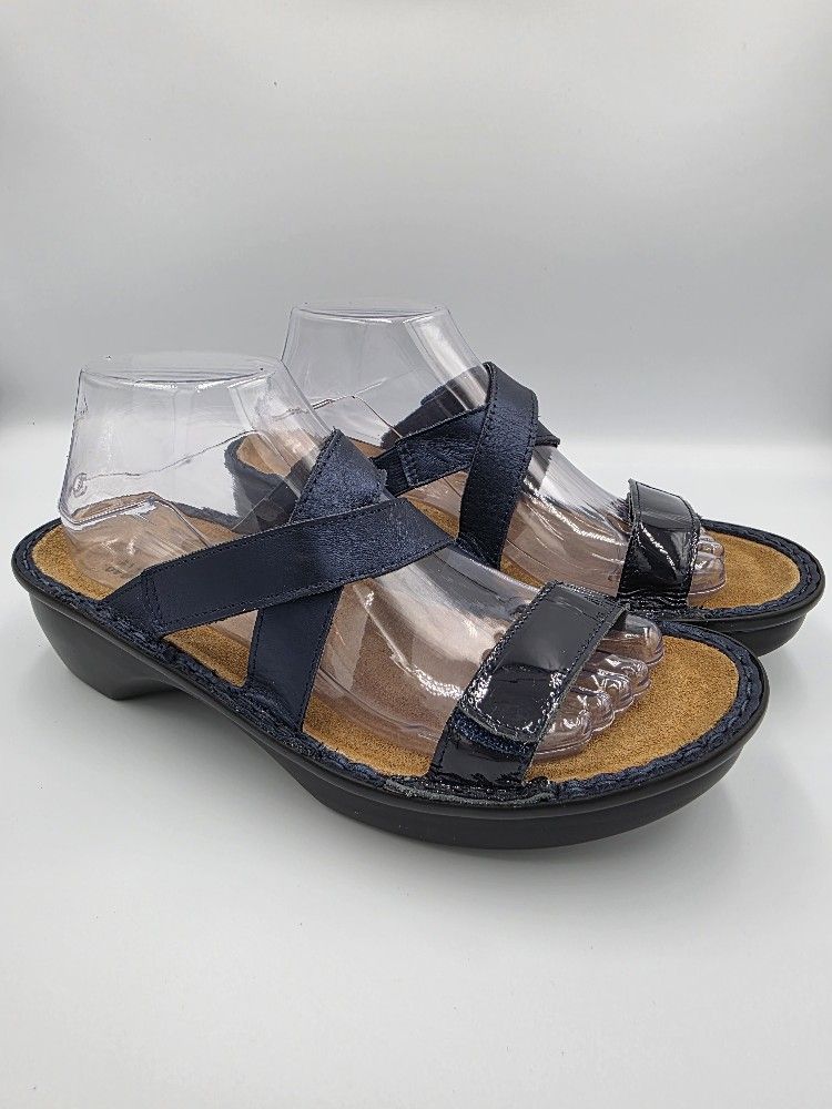 New Naot Womens Leather Strappy Blue Metallic Sandals Wedge Heels Size 40 US 9