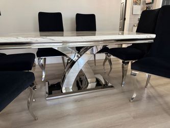 White marble dining set 7 piece table and black soft velvet tufted chairs