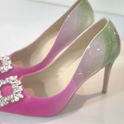 NEW PINK Wicked Reindee Lusion Womens High Stiletto Heels Pumps Crystal Printed Closed Toe Sexy Pumps Shoes 9