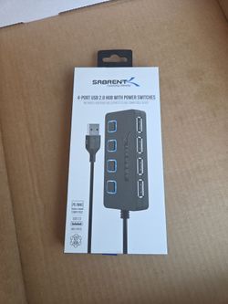 Sabrint 4-port USB 2.0 hub with individual LED lit power switches.
