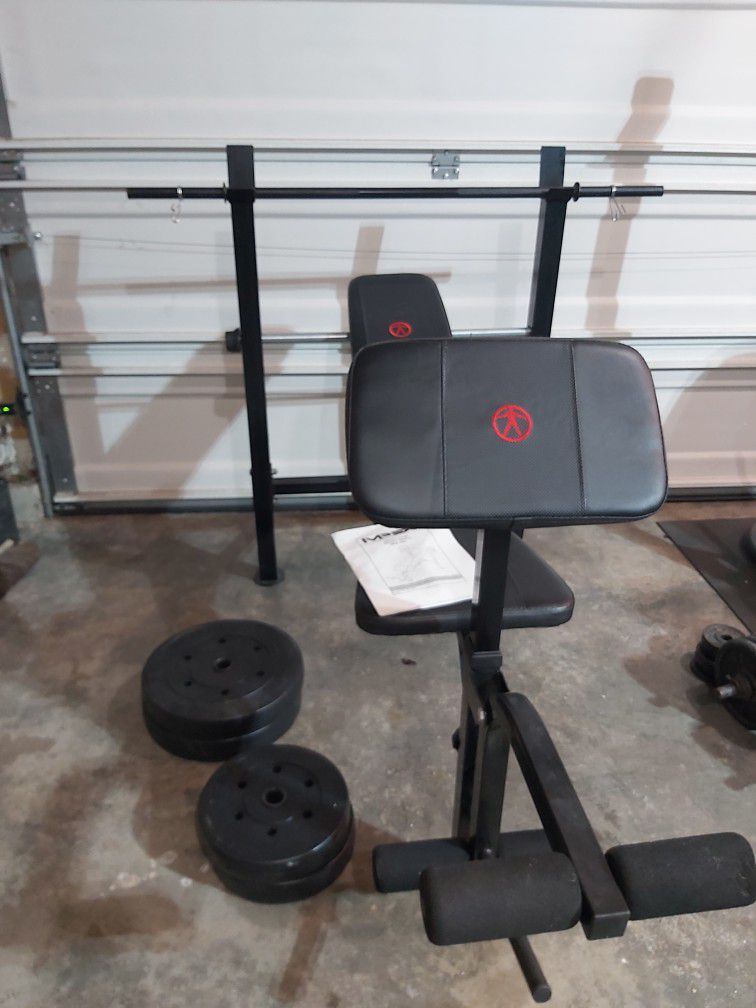 Weight Bench, Weights And Barbell $130