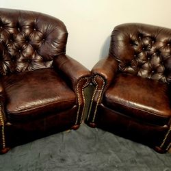 (2) Leather Chesterfield Chairs & Ottomans 