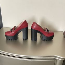 Burgundy Chunky High Heel Loafers Size 7