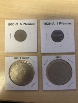 1929 A 1 Pfennig , 1950  G 5 Pfennig.  and 2(1973 S Kroner)
