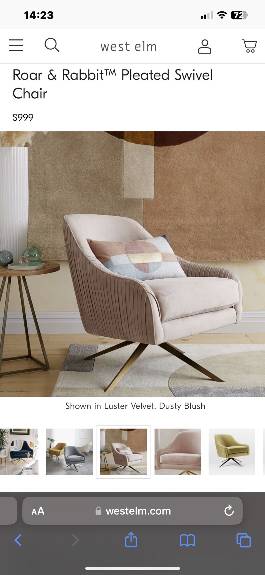 West Elm Velvet Pleated Swivel Chair And ottoman