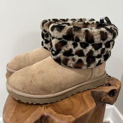 UGG Fluff Mini Quilted Leopard Cuff Ankle Boots Size US 8 Womens 