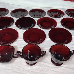 15pc.MCM Anchor Hocking Royal Ruby Red Glass Creamer,Sugar, Cup & Saucer Dishes