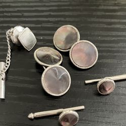 Vintage Swank Mother of Pearl Silver Tone Cufflinks & Tux Studs & tie clip