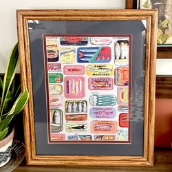 Vibrant Sardine Tin Can Framed Canvas Art Print Matted & Wood Frame Italy Ocean Kitchen Art 18x23”