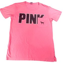 Victoria’s Secret PINK logo peach tee with dog graphic pocket cotton casual shirt Size S