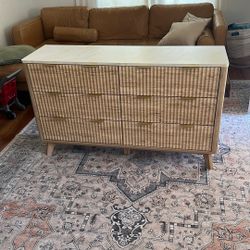 T4TREAM Fluted 6 Drawers Dresser, 54" Wide Modern Chest of Drawers with Faux Marble Top, Curved Profile Design, Dresser TV Stand, Wood Drawer Organize