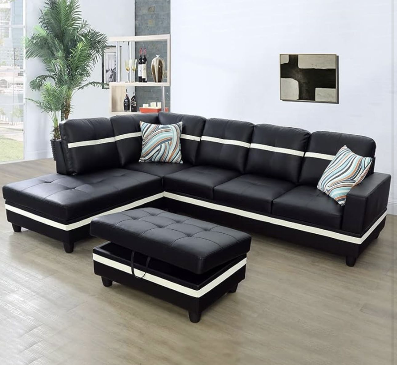 Black And White Leather Sectional Couch And Ottoman