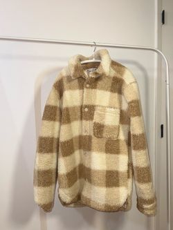 Zara Sherpa Fleece Plaid Jacket – Beige/Cream – Medium