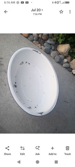 Antique Wash Tub Basin White Enamored Metal 25 1/2" Long X 18 1/4" Wide X 7" Deep
