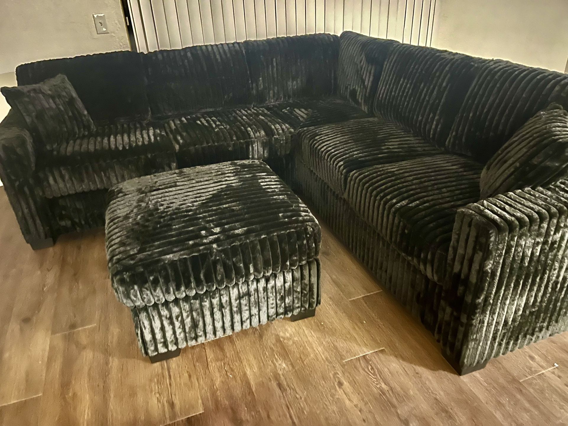 Black Sectional With Ottoman - Soft Fur Like Corduroy Fabric
