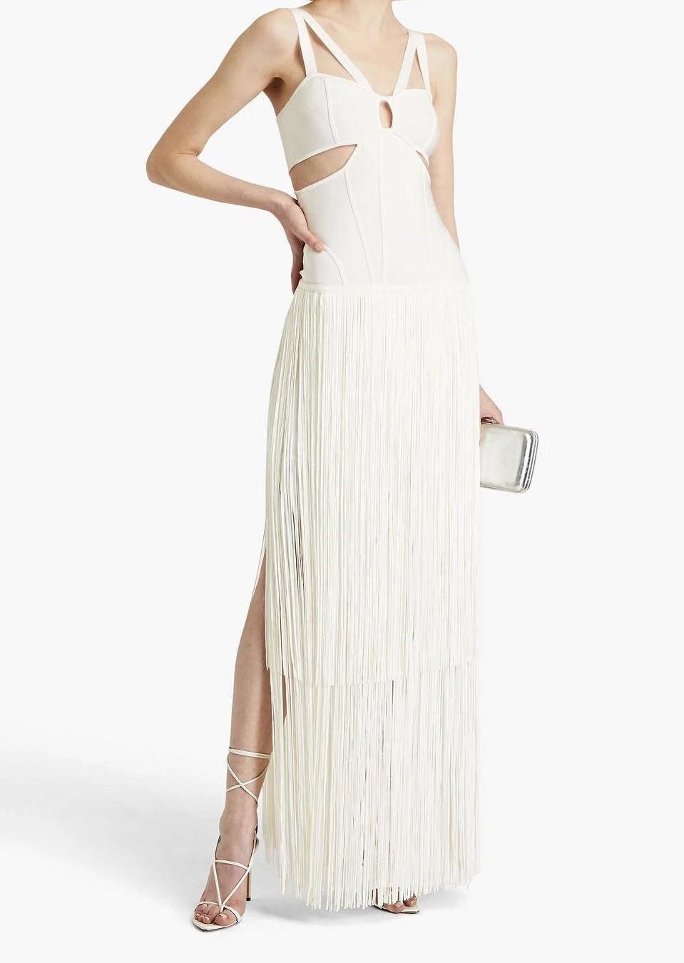 HERVÉ LÉGER WHITE STRAPPY FRINGE GOWN WITH CUT OUT