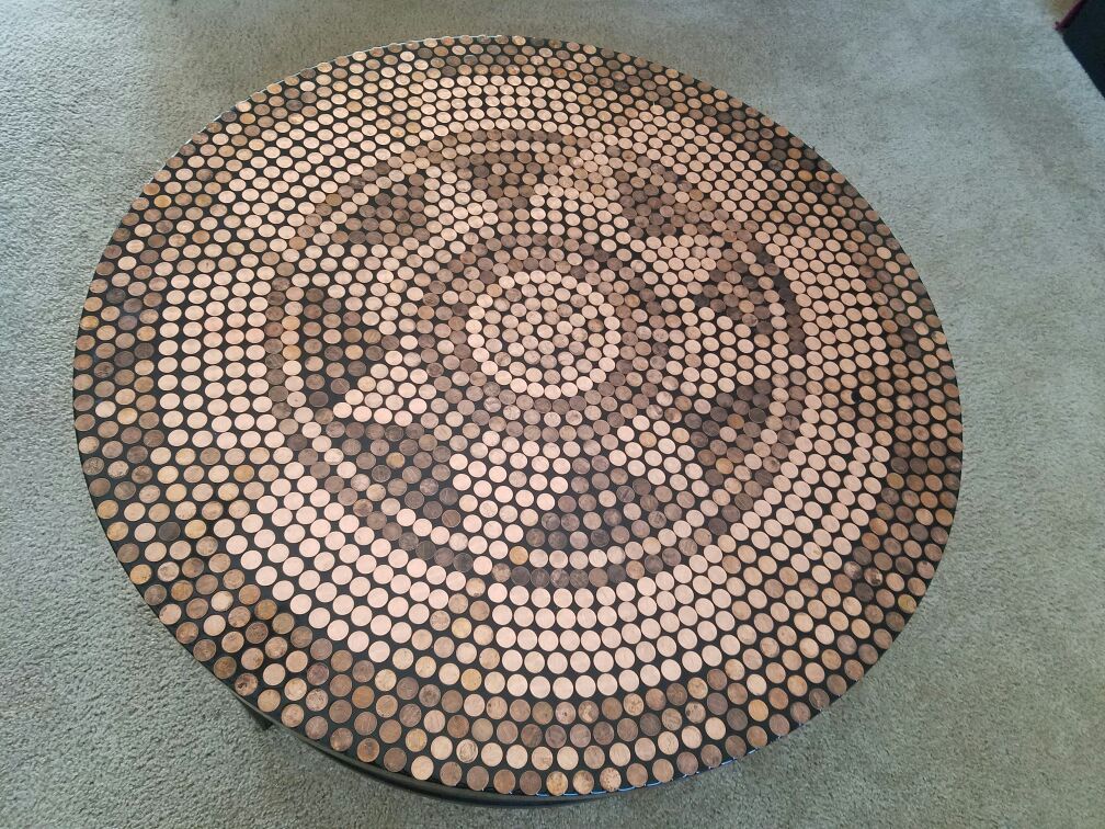 Upcycled penny table. Epoxy resin top. DECO base.